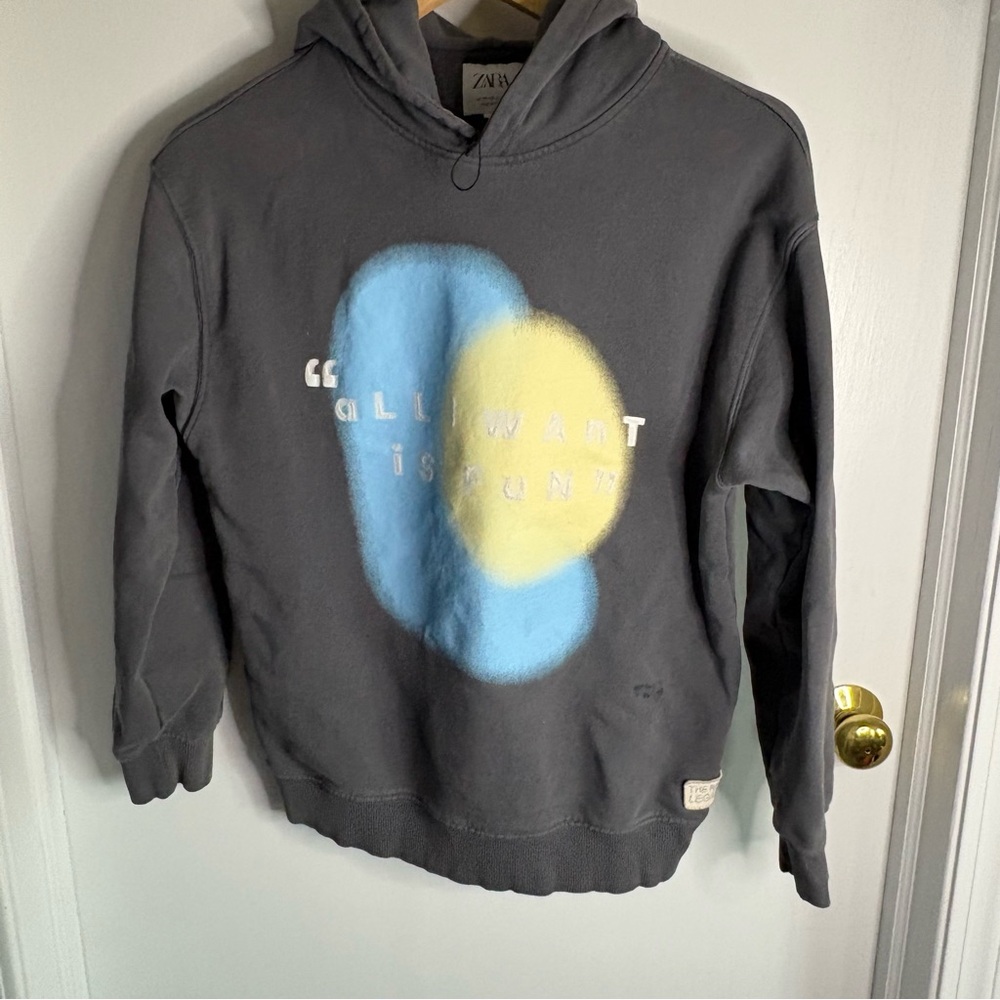Zara Charcoal Hoodie with Blue and Yellow Print